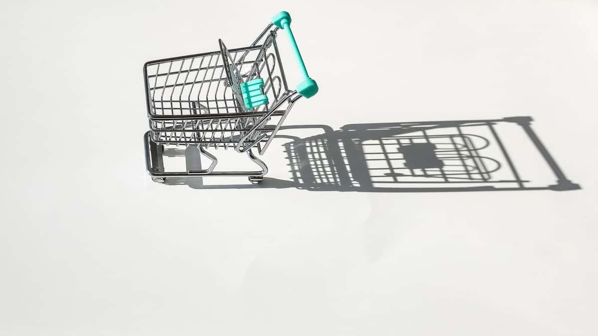 Carrito de compras vacío sobre fondo blanco, con su sombra alargada